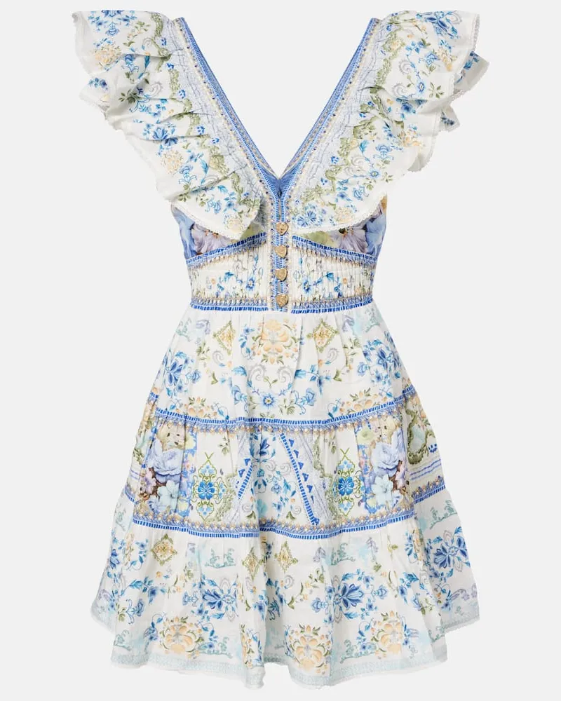 Camilla Minikleid aus Leinen mit Kristallen Weiß