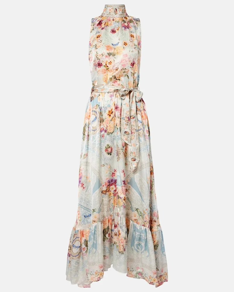 Camilla Verziertes Maxikleid aus Seide mit Blumenmuster Multicolor