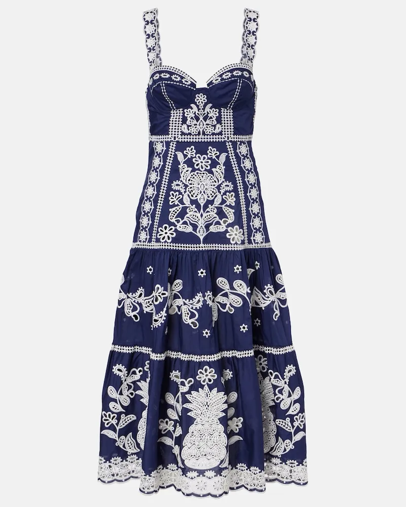 FARM Rio Besticktes Midikleid aus Baumwolle Blau
