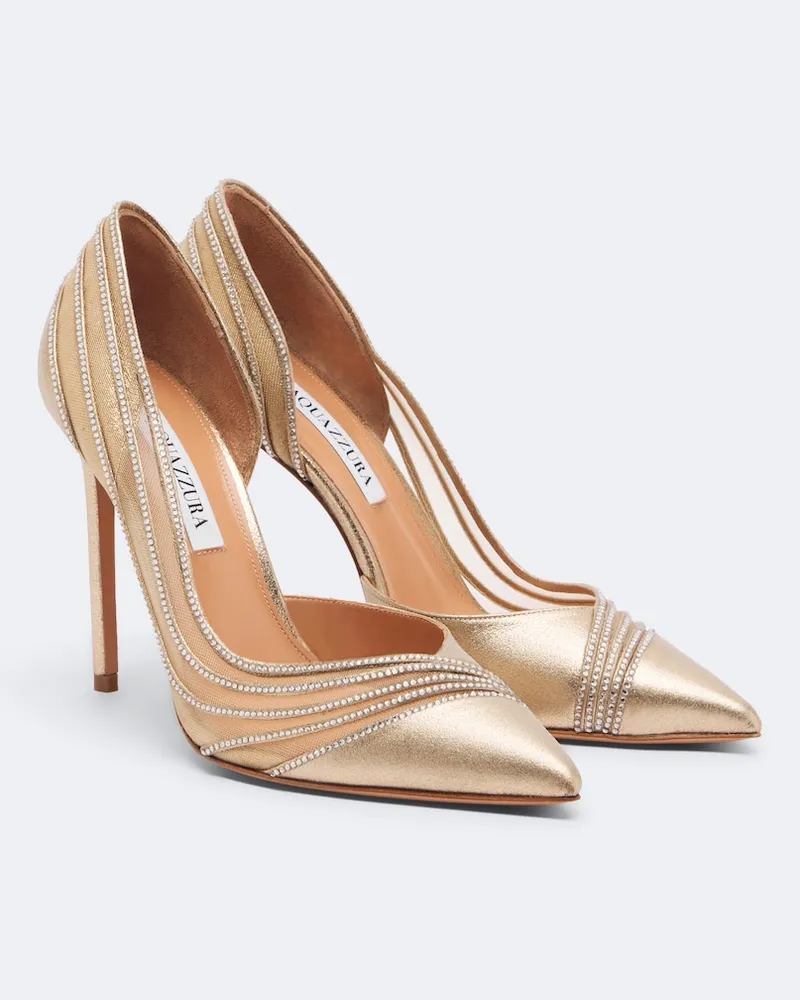 Aquazzura Verzierte Pumps Dream Girl aus Leder mit Mesh Gold