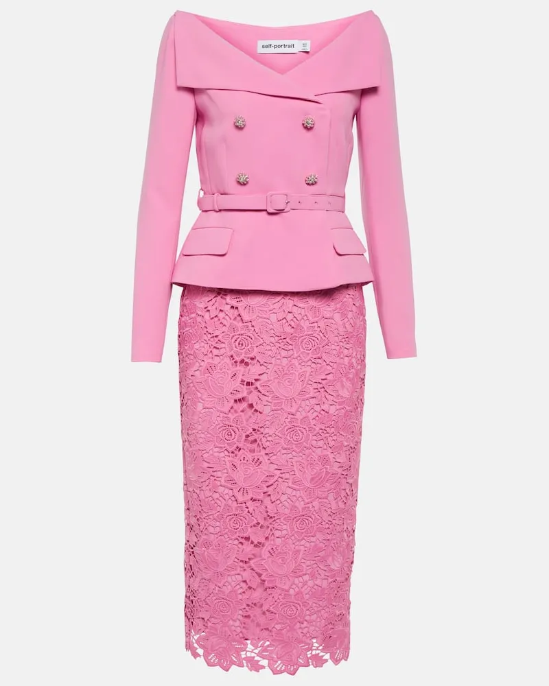 Self-Portrait Off-Shoulder-Midikleid aus Crêpe und Spitze Rosa