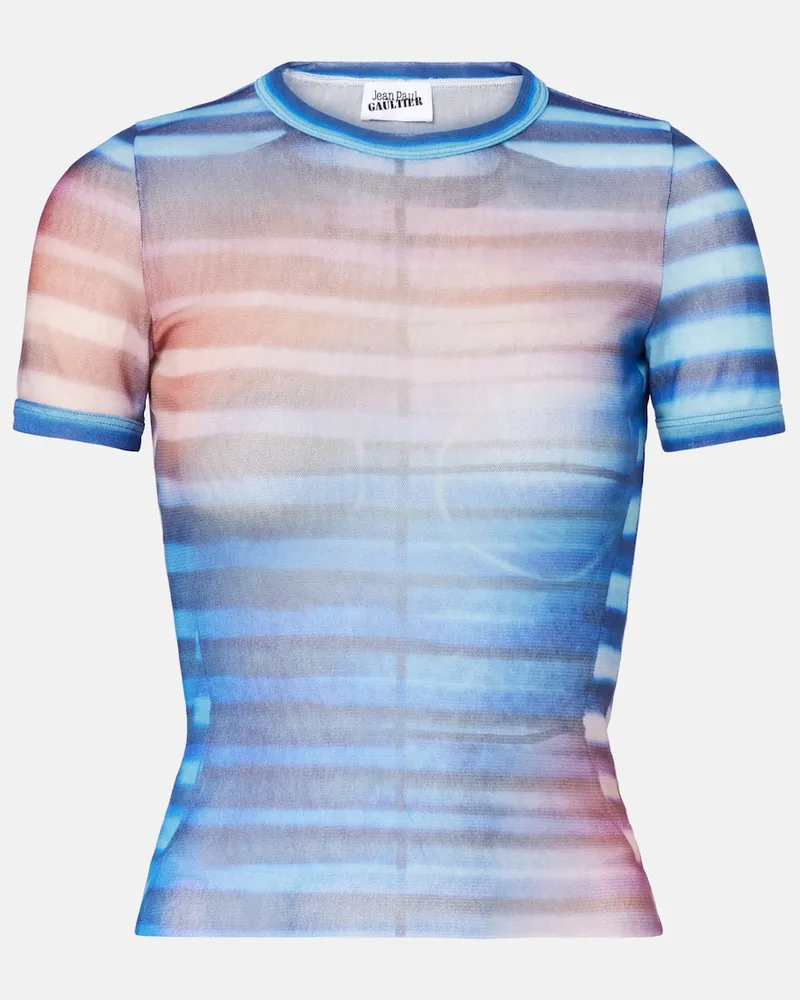 Jean Paul Gaultier Bedrucktes T-Shirt aus Mesh Blau