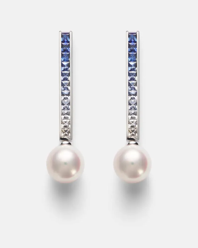 Mikimoto Ohrringe aus 18kt Weißgold mit Saphiren und Akoyaperlen Silber