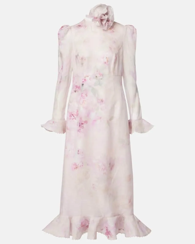 Zimmermann Midikleid Crush aus Leinen und Seide Rosa