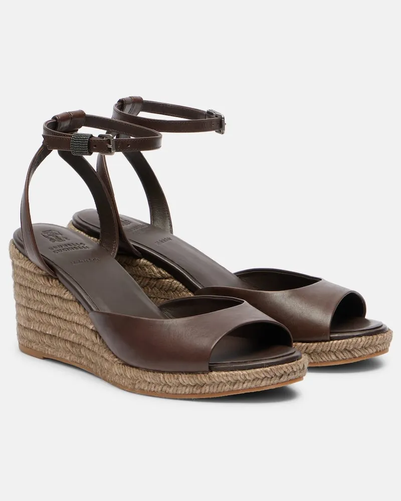 Brunello Cucinelli Espadrille-Wedges aus Leder Braun