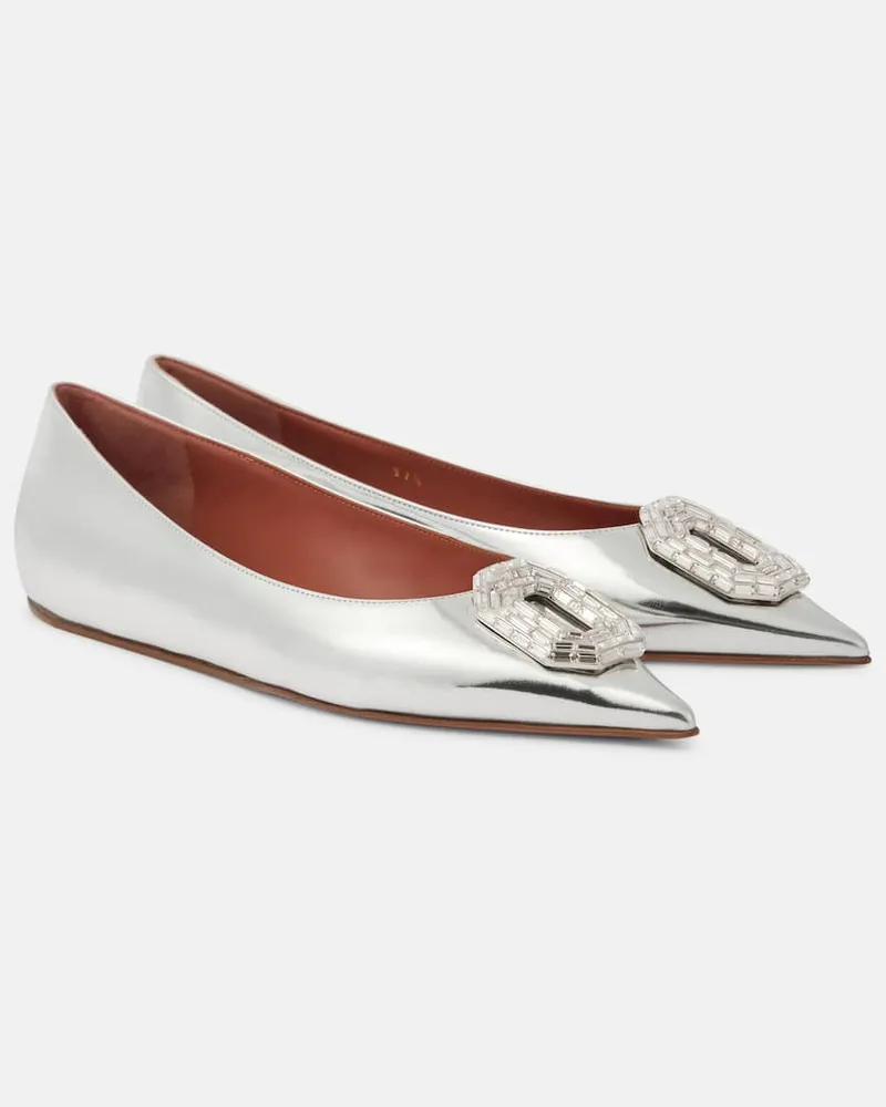Amina Muaddi Verzierte Ballerinas Camelia aus Metallic-Leder Silber