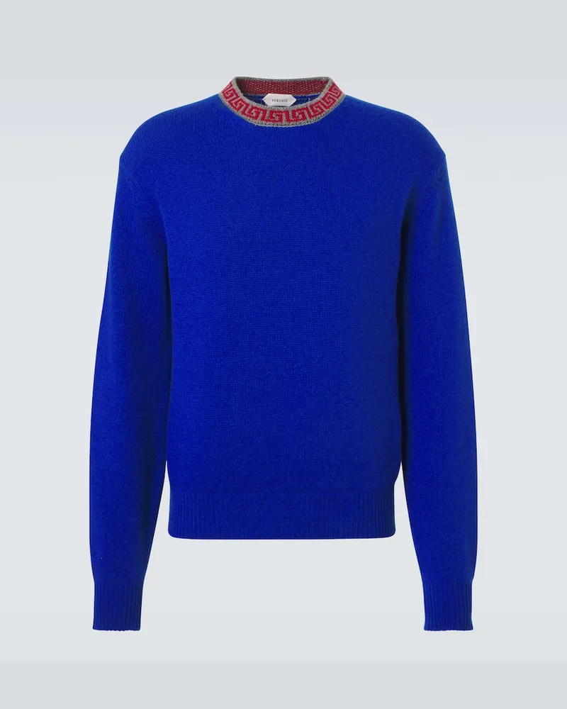 Versace Pullover Greca Border aus Wolle und Kaschmir Blau