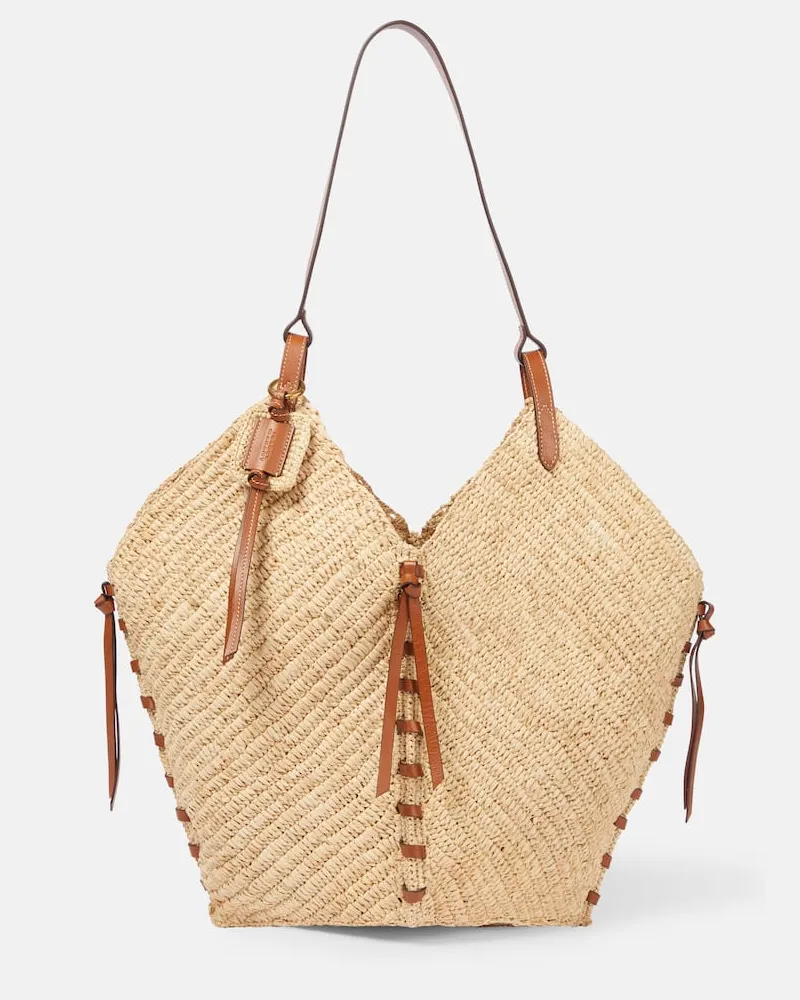 Isabel Marant Schultertasche Tampa aus Raffiabast mit Leder Beige