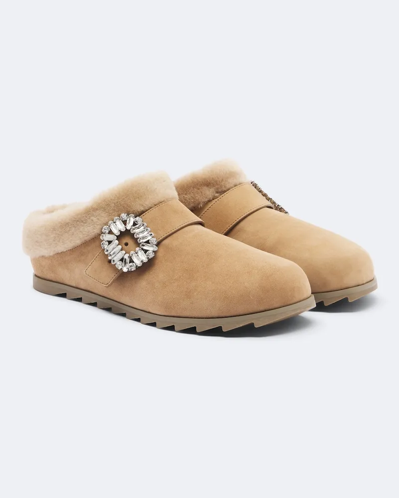 Roger Vivier Verzierte Slippers Slidy Viv' aus Veloursleder Beige