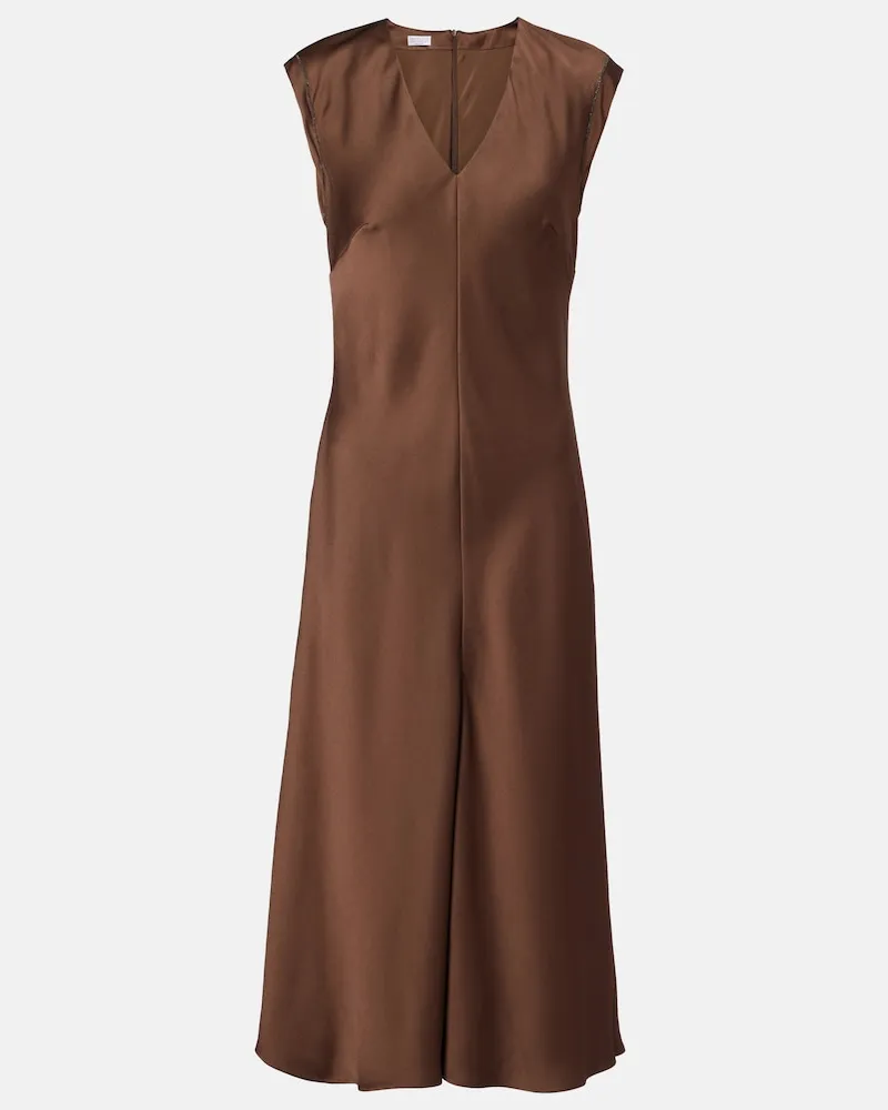 Brunello Cucinelli Midikleid Monili aus Satin Braun