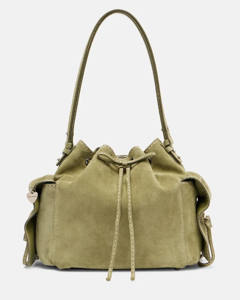 Acne Studios Bucket Bag Multipocket Mini aus Veloursleder Grün
