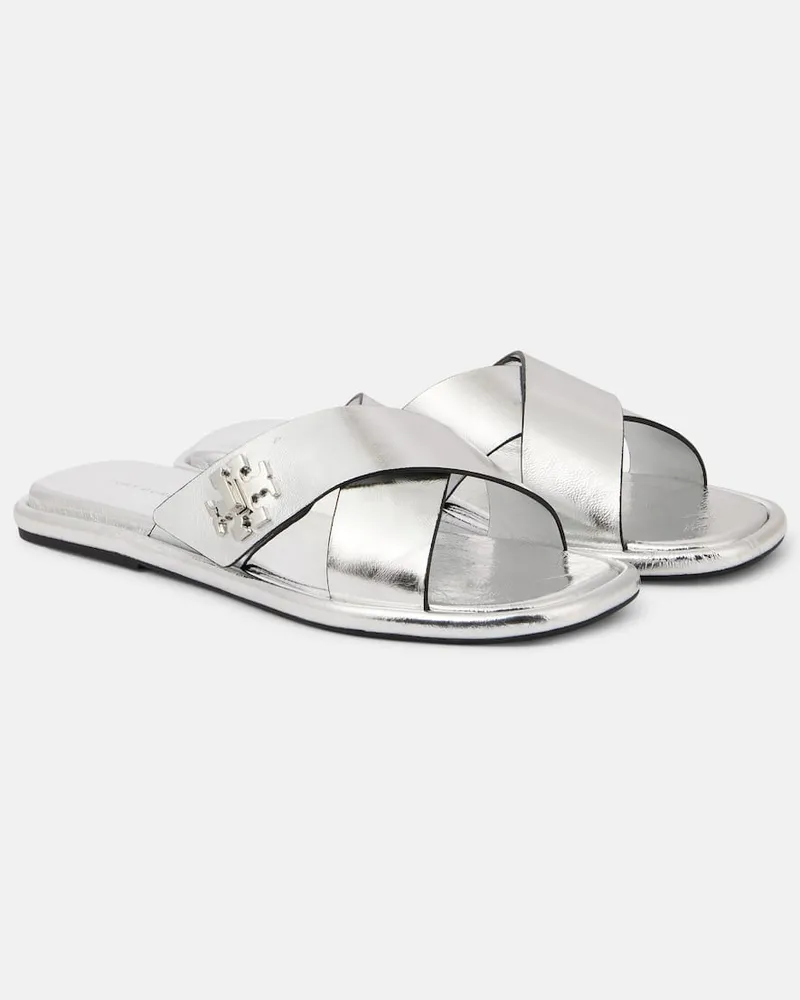 Tory Burch Pantoletten T Lock aus Metallic-Leder Silber
