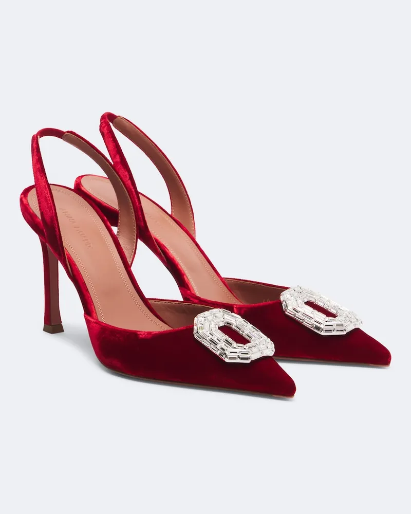 Amina Muaddi Slingback-Pumps Camelia aus Samt mit Kristallen Rot