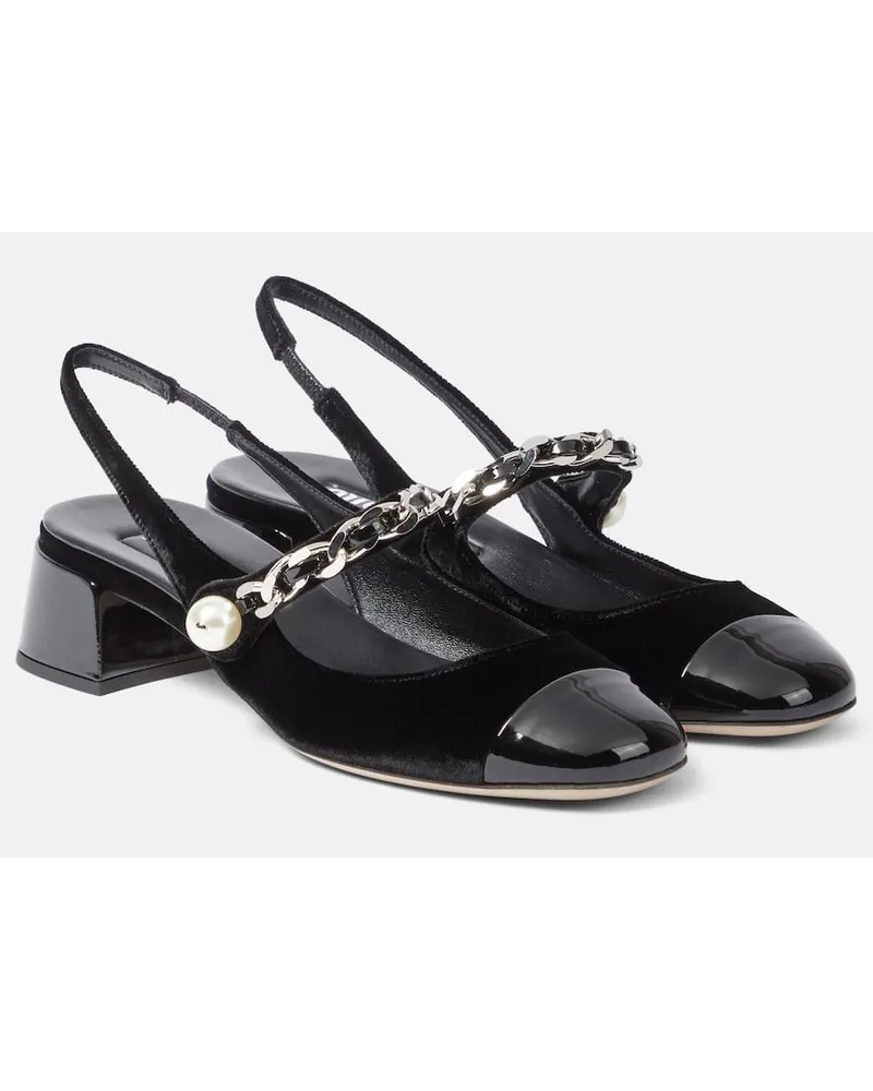 Miu Miu Verzierte Slingback-Pumps aus Samt und Lackleder Schwarz