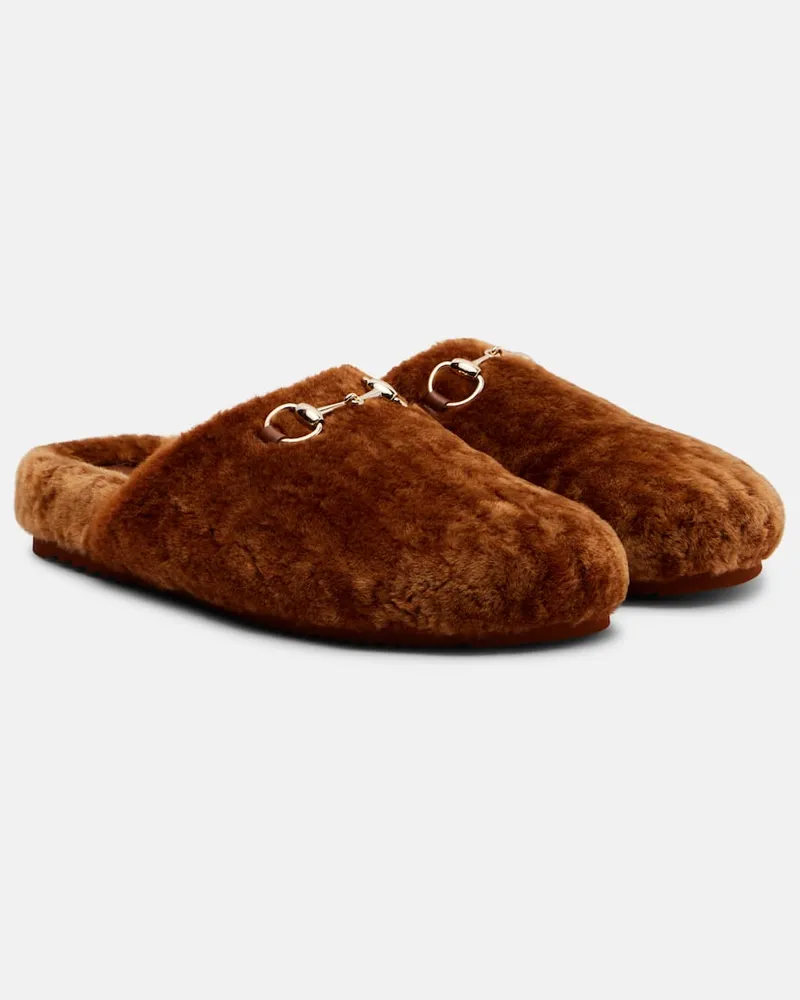 Gucci Clogs Sol Horsebit aus Shearling Braun