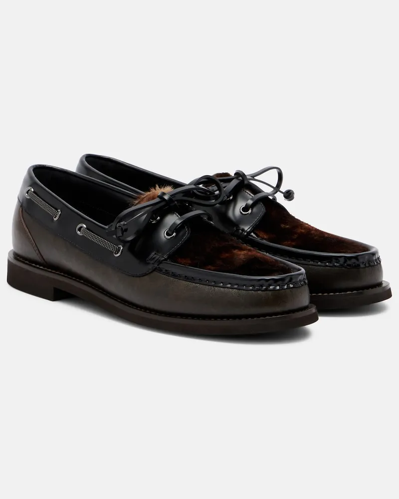 Brunello Cucinelli Segelschuhe Monili aus Leder mit Kalbshaar Braun