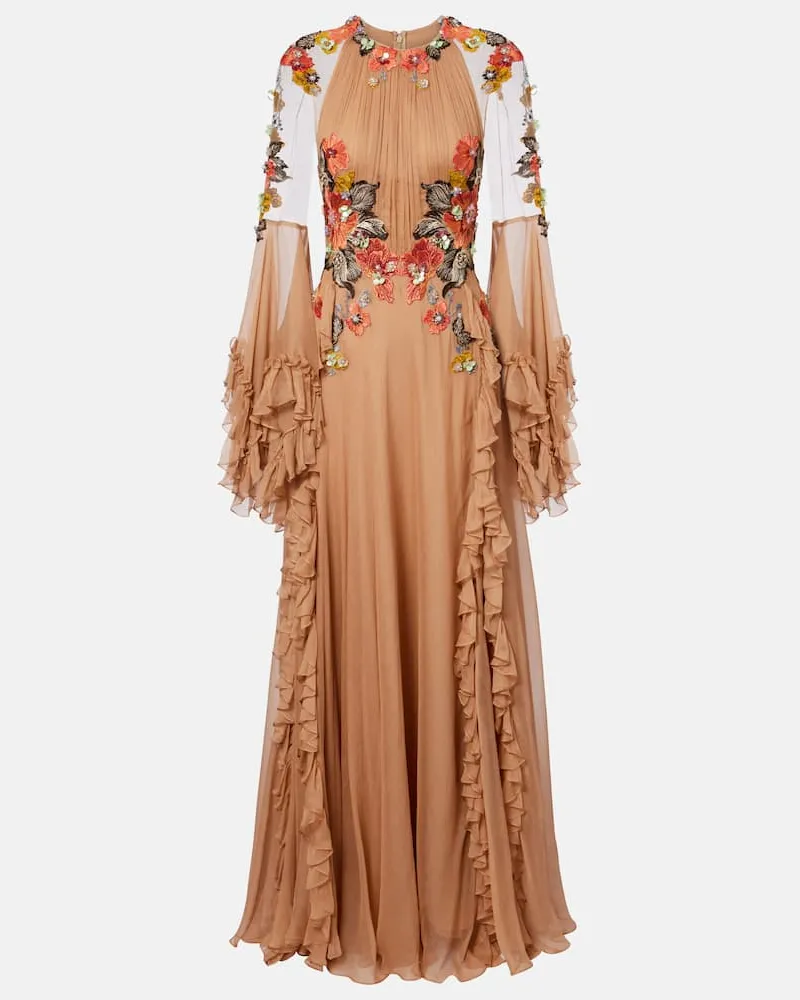 COSTARELLOS Verzierte Robe Zilara aus Seiden-Georgette Beige