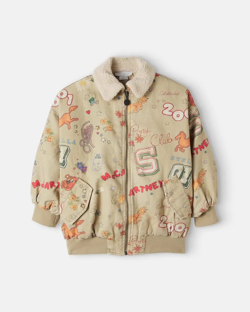Stella McCartney Kids Bedruckte Jacke aus Canvas mit Teddyfleece Beige