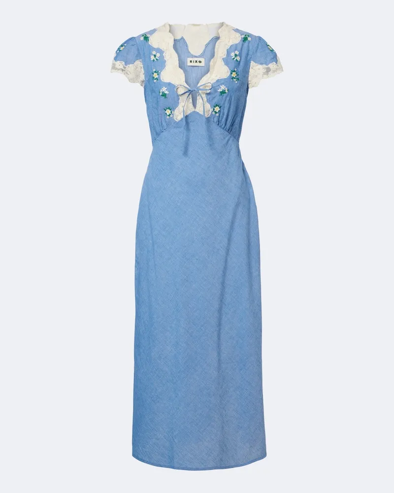 RIXO Besticktes Midikleid Amari aus Baumwolle Blau