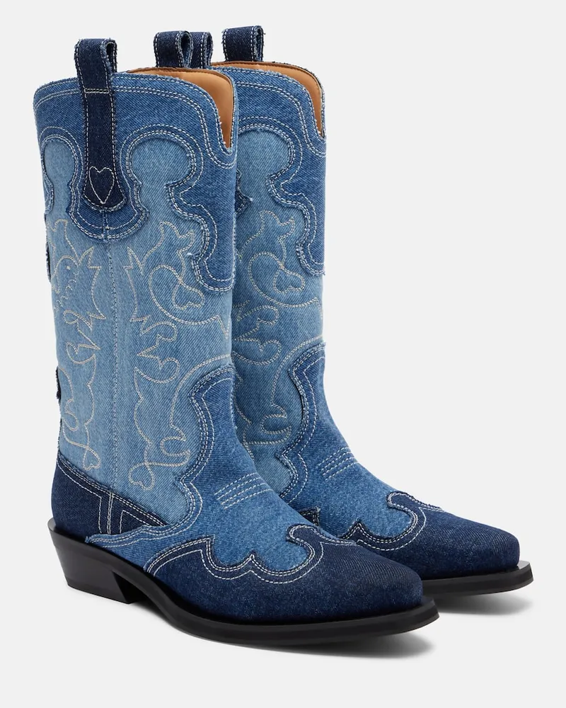Ganni Westernstiefel aus Denim Blau