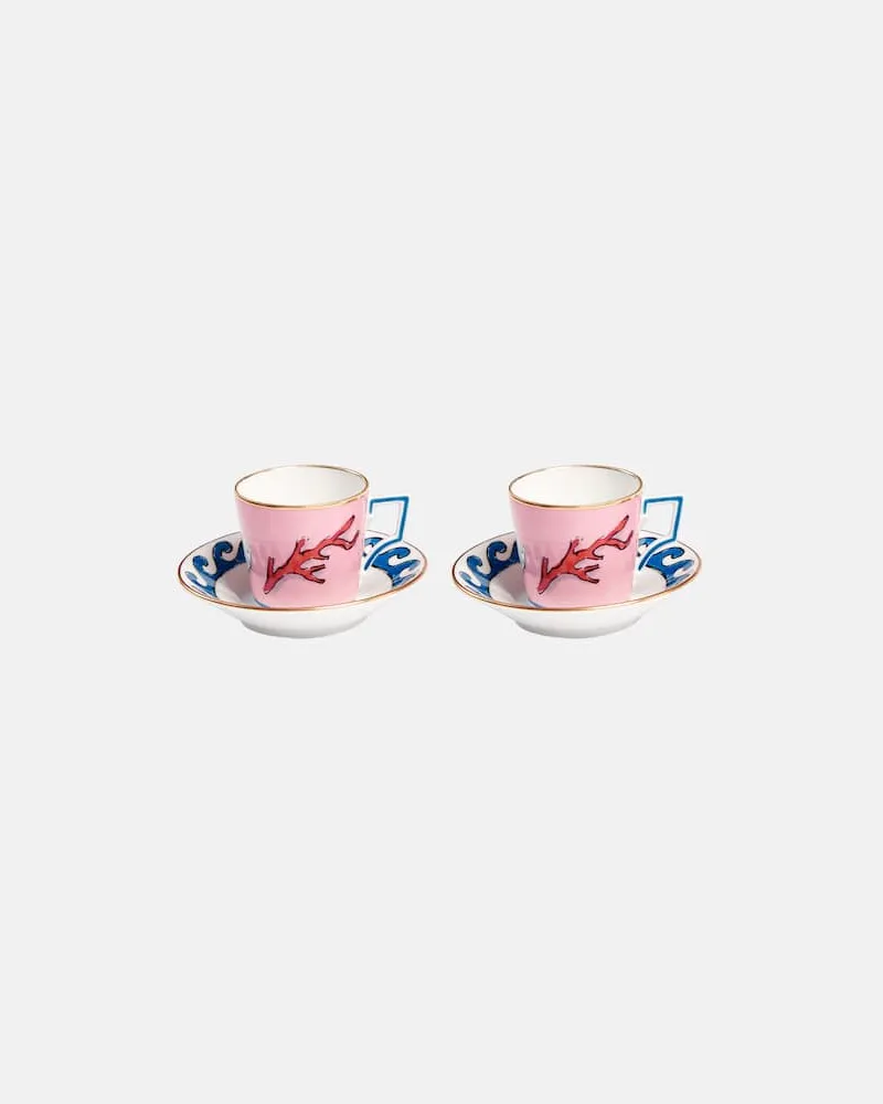 Ginori 1735 Set Il Viaggio di Nettuno aus zwei Kaffeetassen und Untertassen by Luke Edward Hall Multicolor
