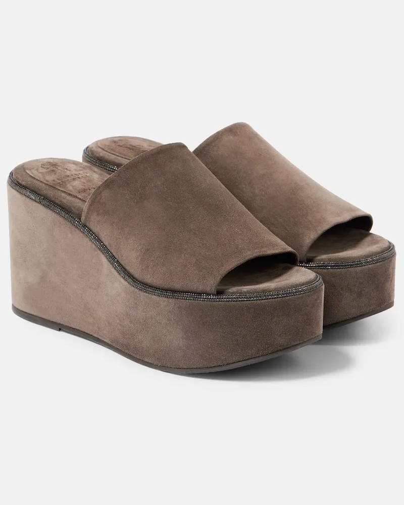 Brunello Cucinelli Wedge-Pantoletten Monili aus Veloursleder Braun
