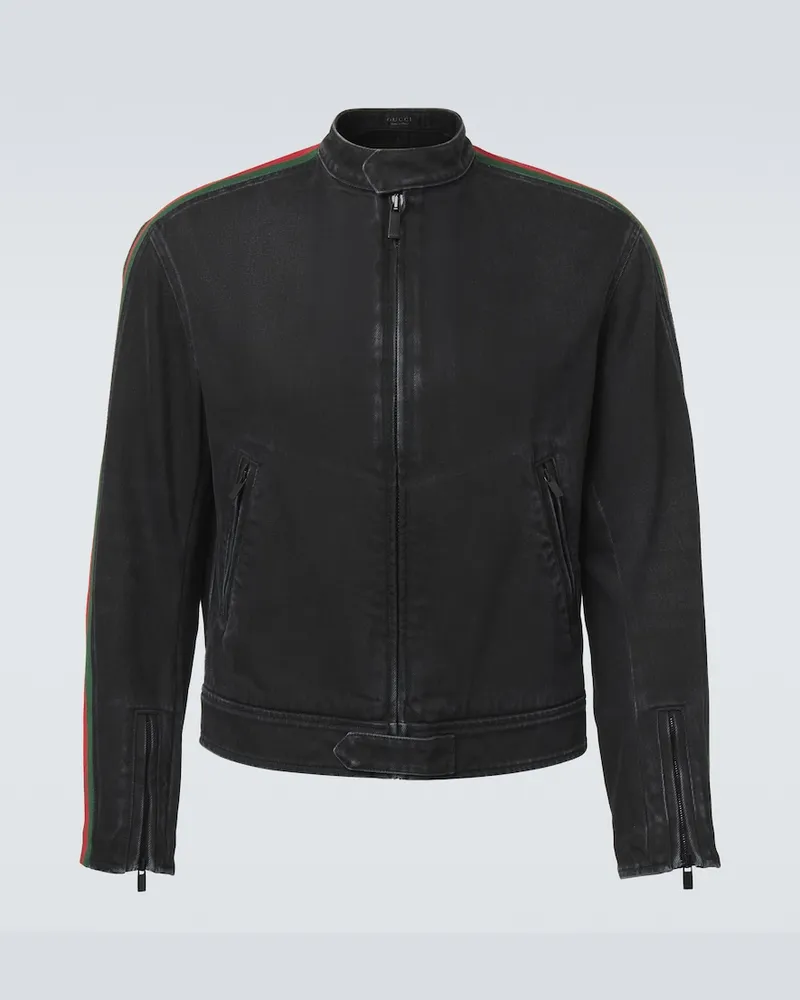 Gucci Bikerjacke Web Stripe aus Denim Schwarz