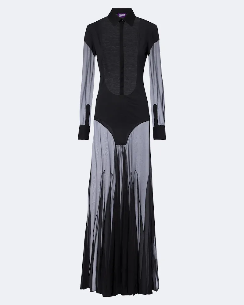 Jean Paul Gaultier Hemdblusenkleid aus Strick mit Seide Schwarz