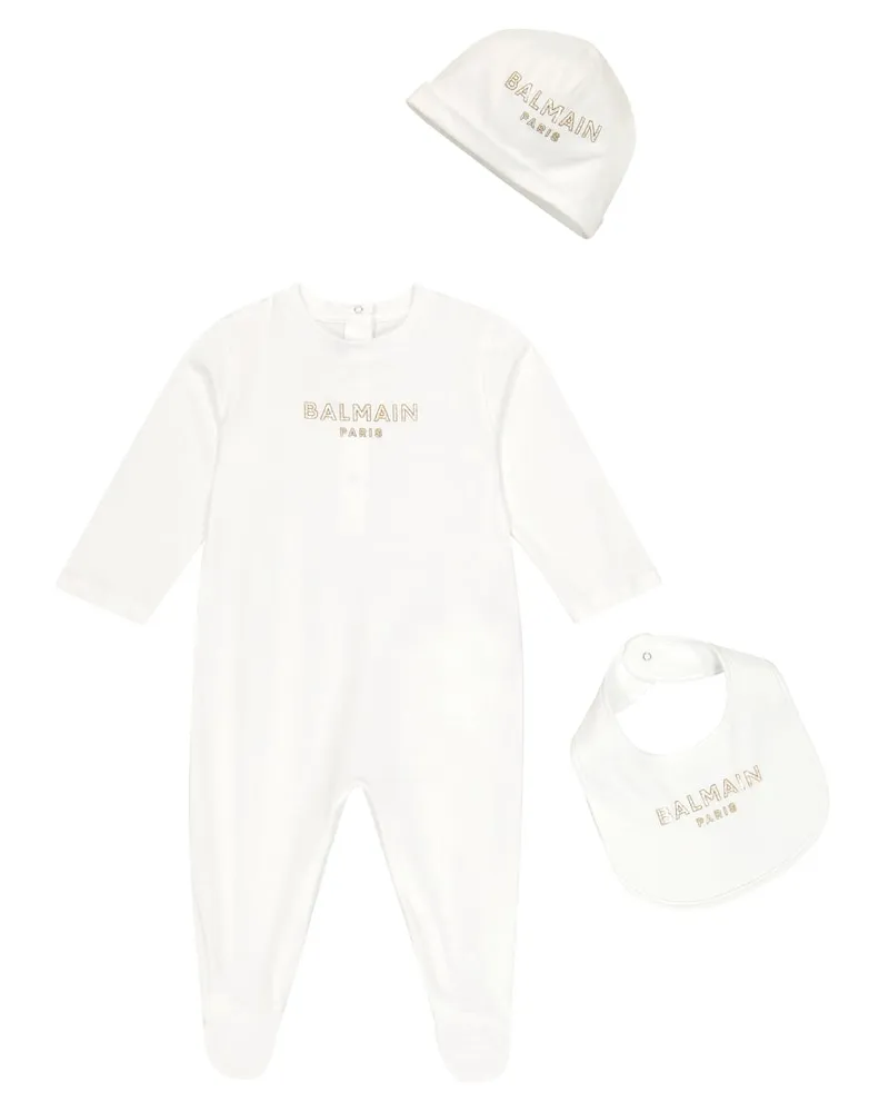 Balmain Baby Set aus Strampler, Mütze und Lätzchen Weiß
