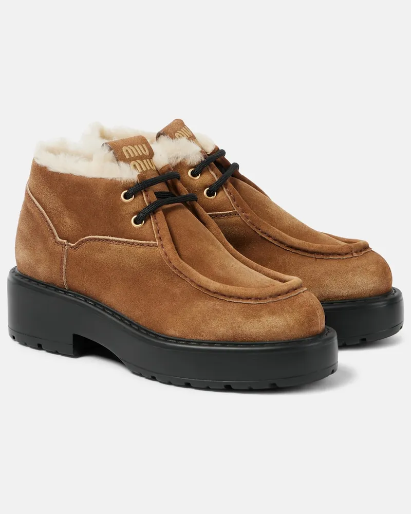 Miu Miu Ankle Boots Chunky aus Leder mit Shearling Braun