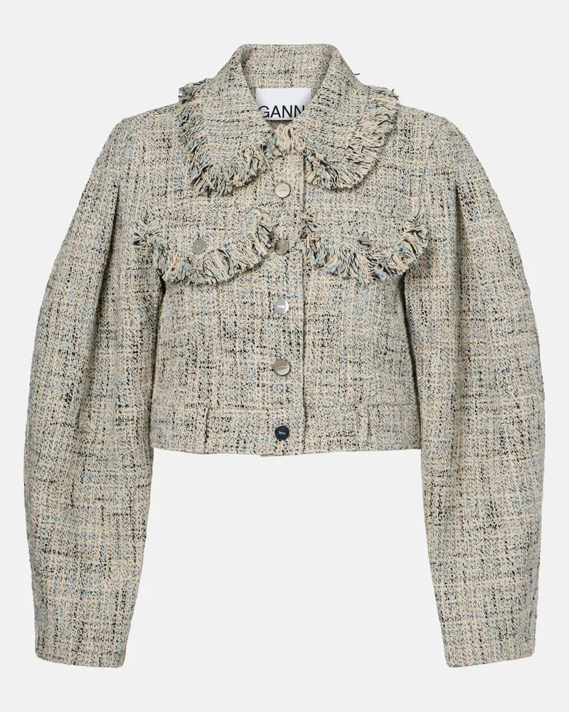 Ganni Cropped-Jacke aus Baumwoll-Tweed Blau