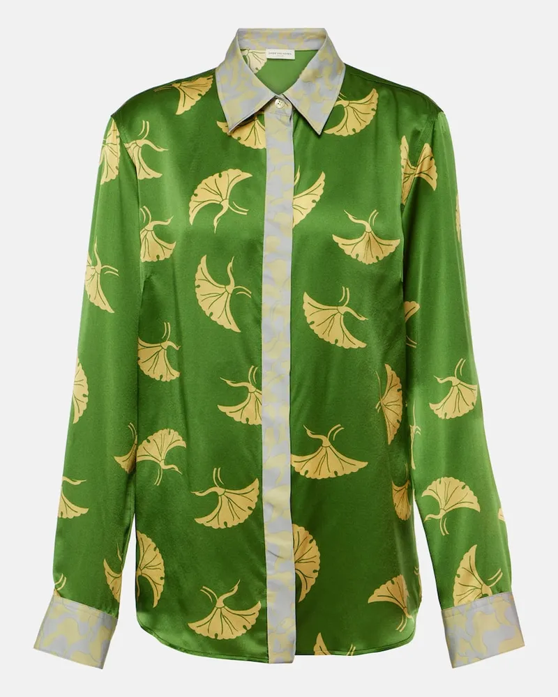 Dries van Noten Bedrucktes Hemd aus Satin Grã¼n