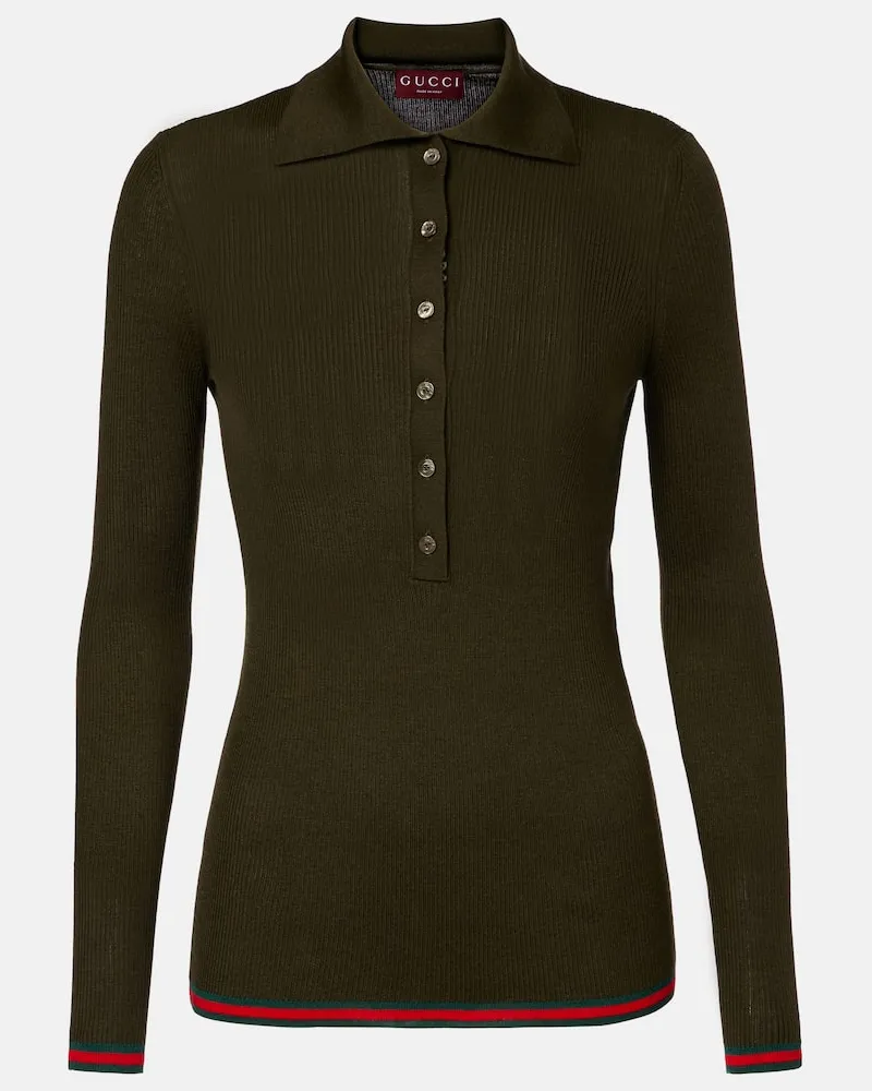 Gucci Polopullover Web Stripe aus Kaschmir und Seide Grün