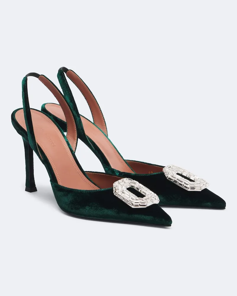 Amina Muaddi Slingback-Pumps Camelia aus Samt mit Kristallen Grün