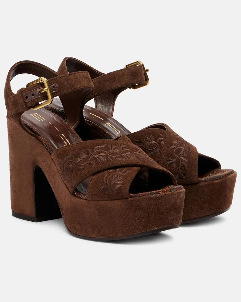 Etro Bestickte Plateausandalen aus Veloursleder Braun