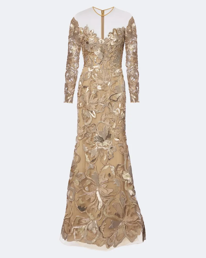 Elie Saab Bestickte Robe aus Spitze mit Pailletten Gold