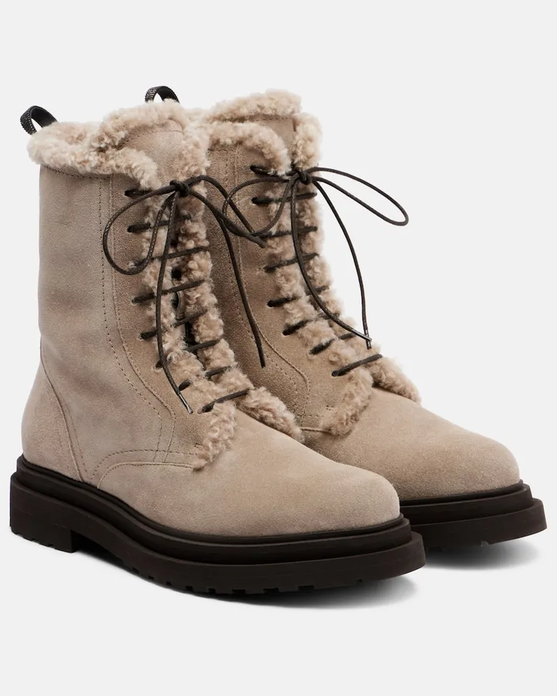 Brunello Cucinelli Schnürstiefel aus Veloursleder mit Shearling Beige