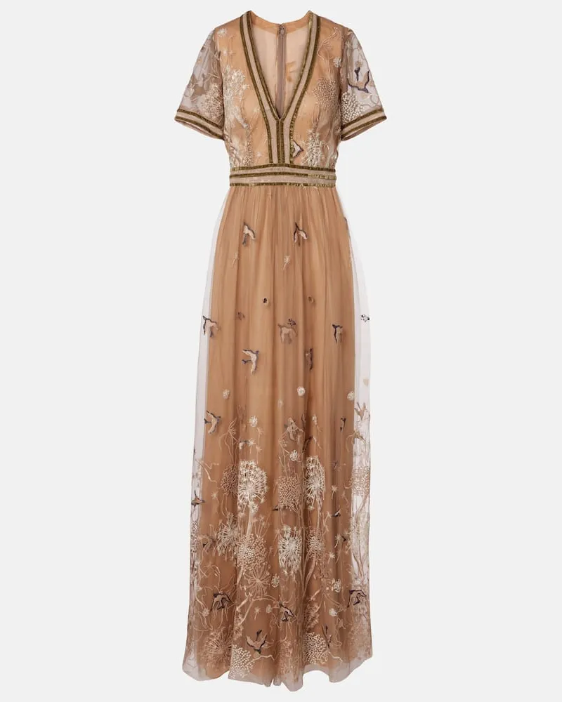 COSTARELLOS Bestickte Robe aus Tüll Beige