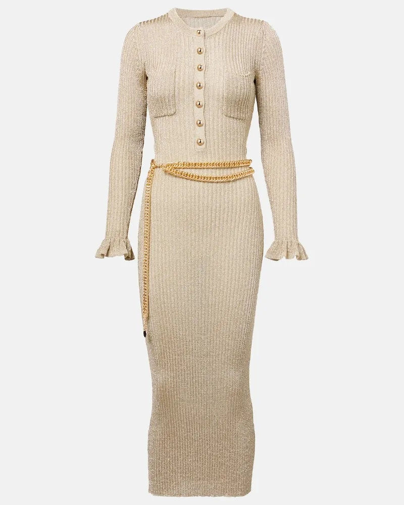 Self-Portrait Verziertes Midikleid aus Rippstrick Gold