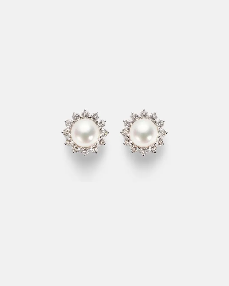 Mikimoto Ohrringe aus 18kt Weißgold mit Diamanten und Akoyaperlen Silber