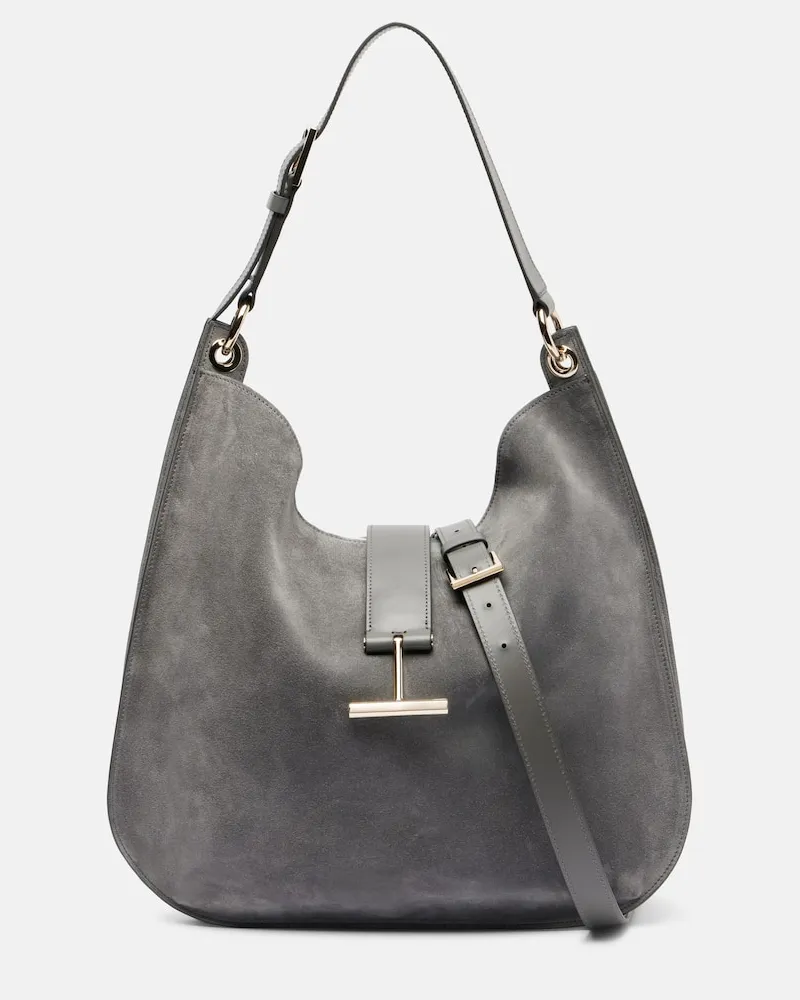 Tom Ford Schultertasche Tara Large aus Veloursleder Grau