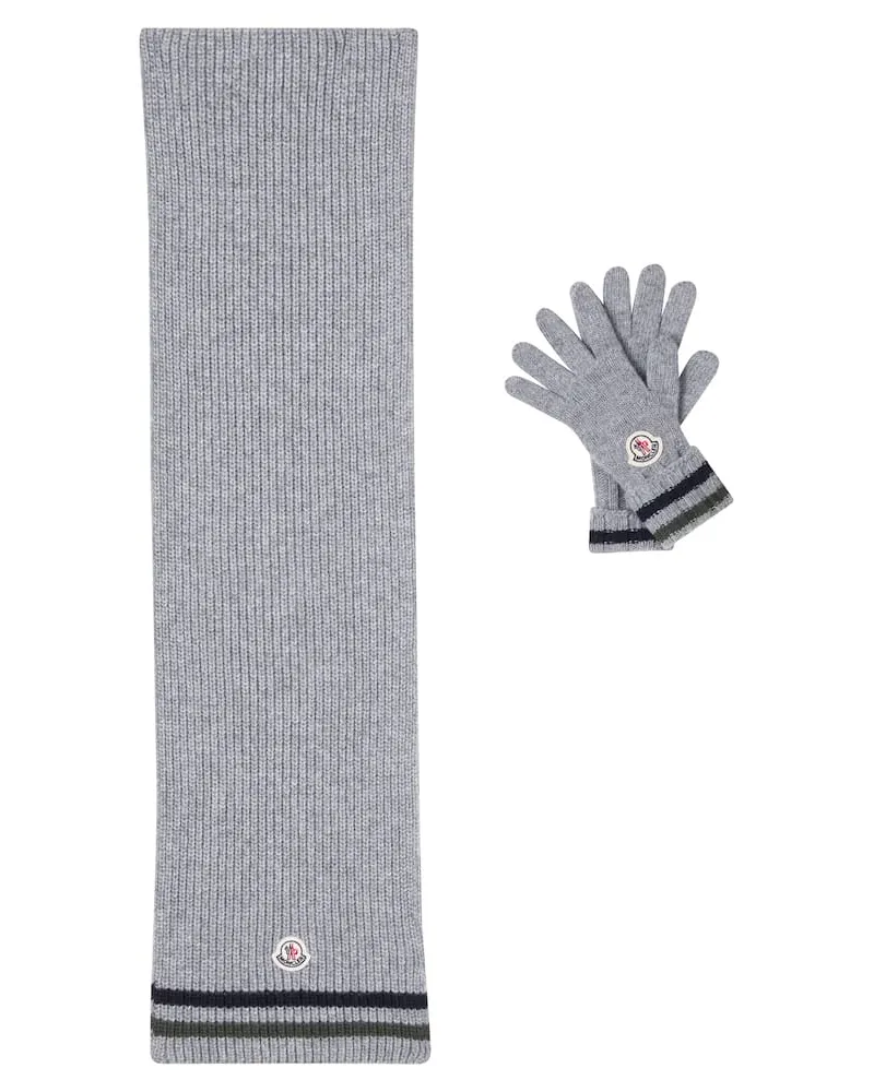 Moncler Set aus Schal und Handschuhen aus Schurwolle Grau