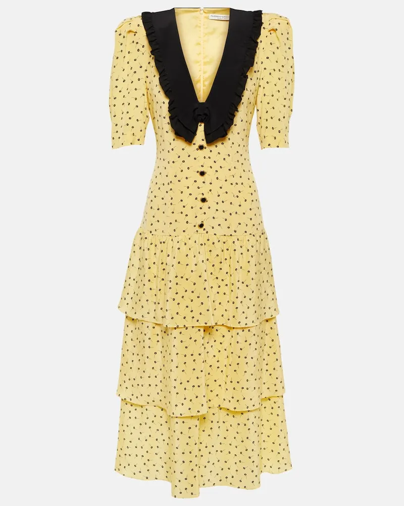 Alessandra Rich Bedrucktes Midikleid aus Seide Gelb
