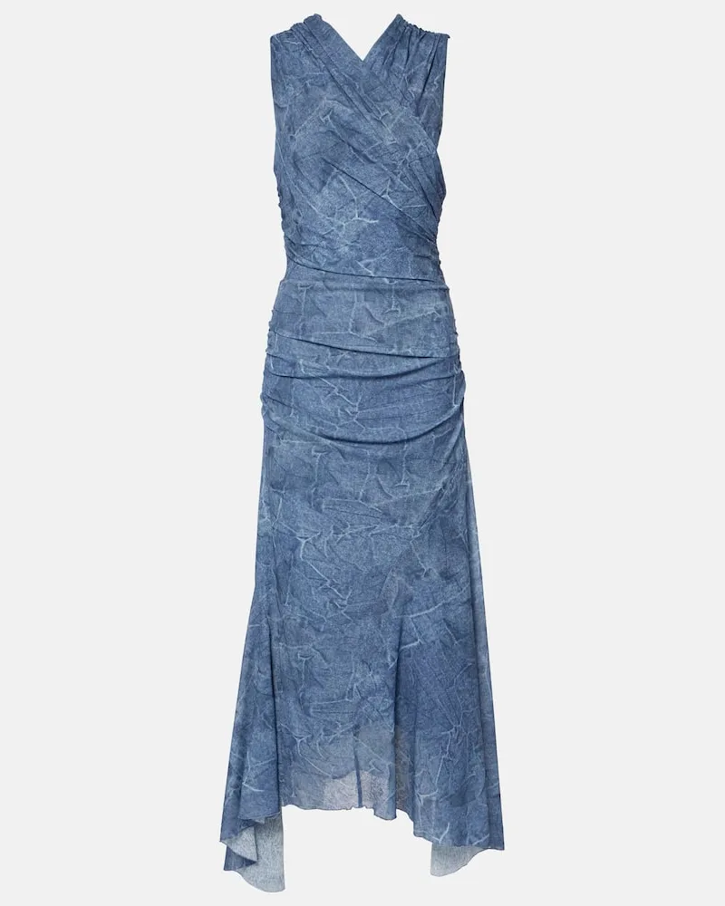 Ganni Bedrucktes Maxikleid aus Mesh Blau