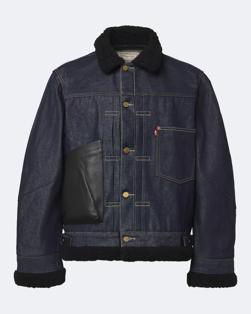 Sacai Jeansjacke mit Leder Blau