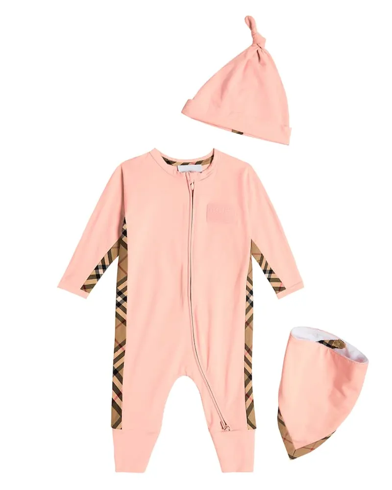Burberry Baby Set aus Spieler, Mütze und Lätzchen Pink