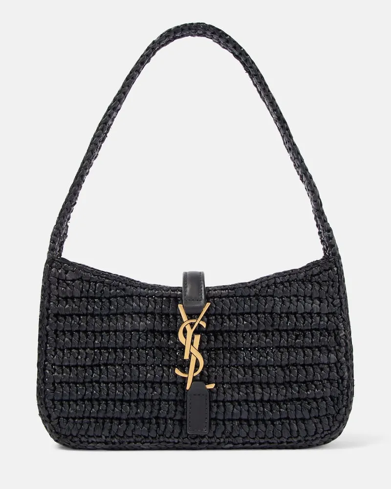 Saint Laurent Schultertasche Le 5 à 7 Mini aus Raffiabast Schwarz