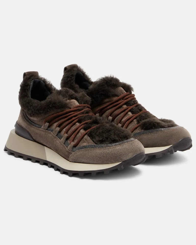 Brunello Cucinelli Sneakers aus Veloursleder mit Shearling Braun