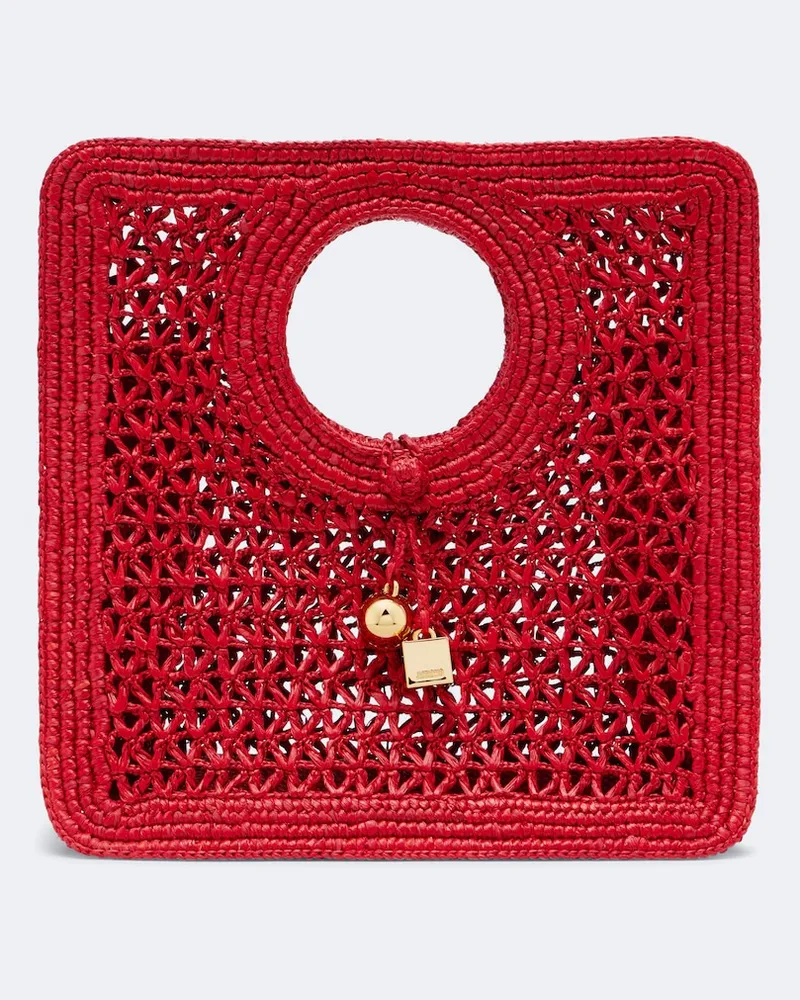 Jacquemus Henkeltasche Spiaggia Small aus Raffiabast Rot