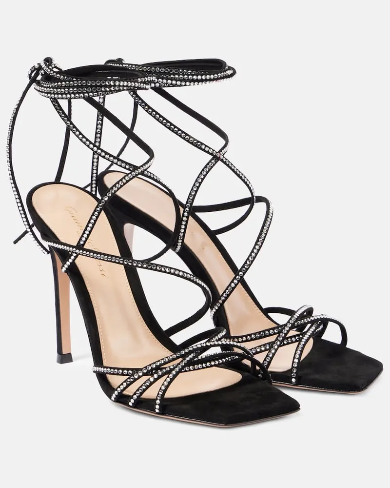 Gianvito Rossi Sandalen Ankletie 105 aus Veloursleder mit Kristallen Schwarz